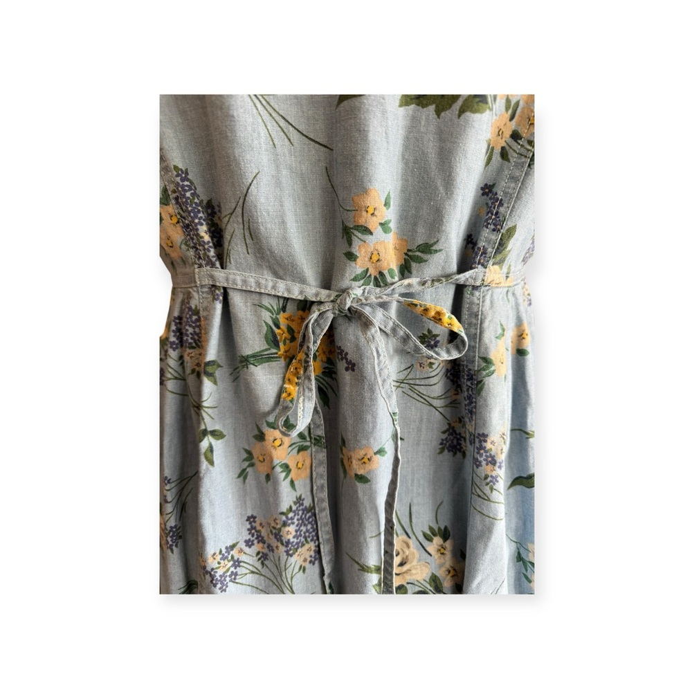 Lizwear dress long blue yellow floral short sleeve button front tie back - Picture 7 of 11